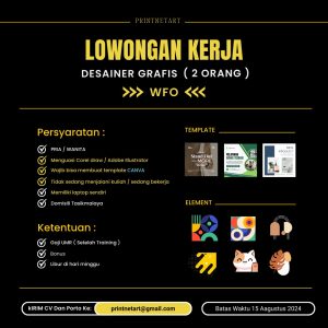 Deadline 15 Aagustus 2024! Lowongan Kerja di Printnetart Tasikmalaya : Pria/Wanita Boleh Daftar