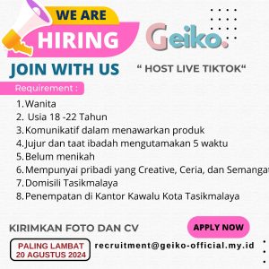 Lowongan Kerja di Geiko Tasikmalaya, Deadline Pendfataran 20 Agustus 2024