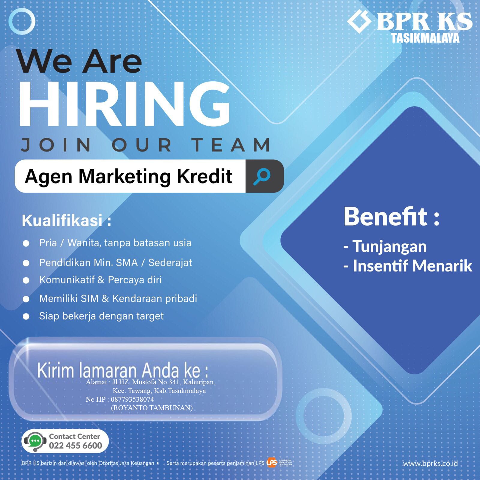 Lowongan Kerja BPR KS Tasikmalaya, Pendidikan Minimal SMA / Sederajat ...