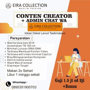 Lowongan Kerja Eira Collection Muslim Fashion Penempatan Tasikmalaya, Minimal Lulusan SMA/SMK