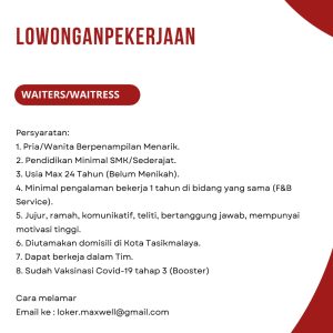 Lowongan Kerja Maxwell Cafe and Bistro Penempatan Tasikmalaya, Pendidikan Minimal SMK/Sederajat