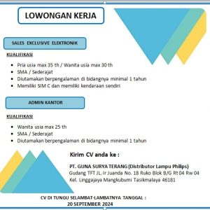 Lowongan Kerja PT. Guna Surya Terang Tasikmalaya, Minimal Lulusan SMA SMK Sederajat : Deadline 20 Sept 2024