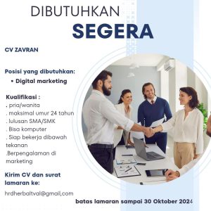 Lowongan Kerja CV. Zavran Tasikmalaya Terbuka Untuk Lulusan SMA/SMK : Deadline 30 Oktober 2024