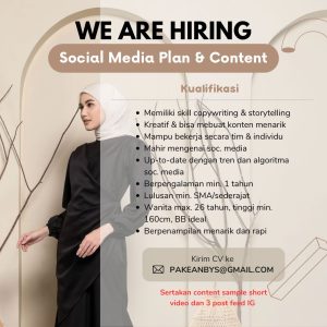 Ada 2 Posisi Lowongan Kerja Sebagai Social Media Plan & Content dan Host Live : Penempatan Tasikmalaya