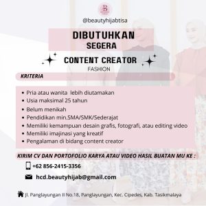 Lowongan Kerja Beauty Hijab Tisa Penempatan Tasikmalaya, Pendidikan Minimal SMA SMK Sederajat