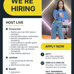 Lowongan Kerja Host Live Streaming Penempatan Tasikmalaya : Deadline 2 November 2024
