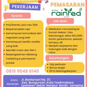 Raintea Buka Lowongan Kerja Untuk Penempatan Tasikmalaya, Cek Selengkapnya disini!