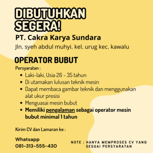 Lowongan Kerja PT. Cakra Karya Sundara Penempatan Tasikmalaya, Simak Selengkapnya disini!