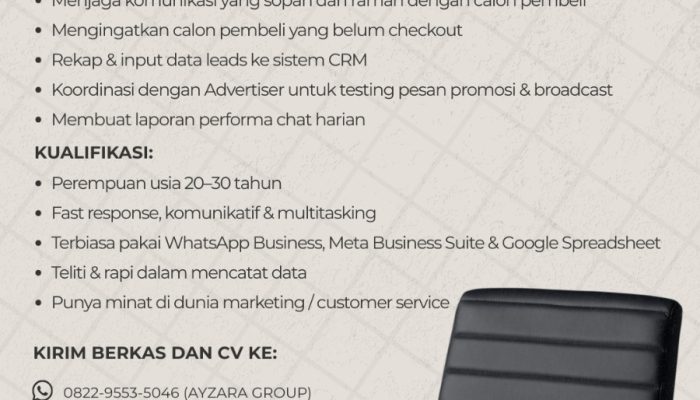 Lowongan Kerja Admin CRM & Meta Support di AYzara Group, Kota Tasikmalaya