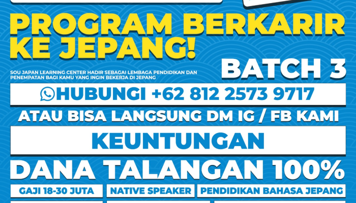 Lowongan Kerja Sekaligus Pelatihan di Jepang Batch 3: Gaji Rp18-30 Juta (LPK SOU Depok School)