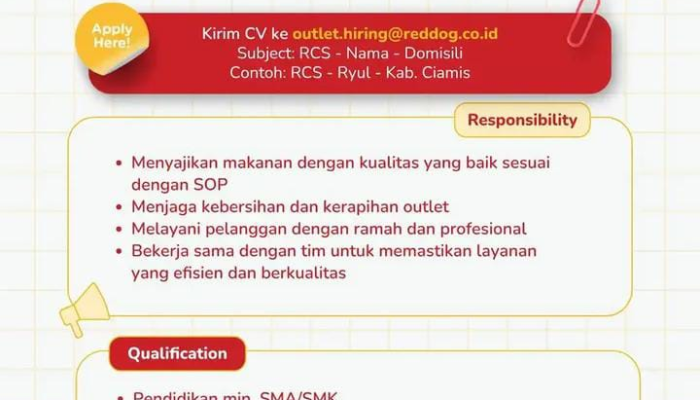 Lowongan Kerja Crew Outlet Ruko Reddog Terbaru 2026 – SMA/SMK
